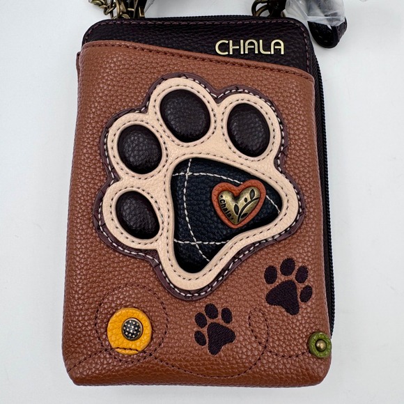 Chala Handbags - NEW Chala Brown Paw Print Cell Phone Crossbody Wallet Zip Around Purse Dog Heart